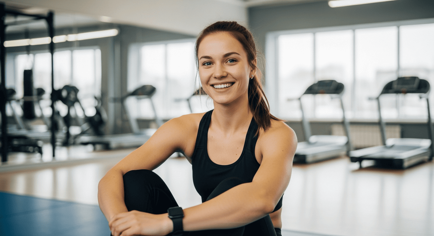 Девушка занимается спортом в зале и улыбается — физическая активность снижает стресс и хроническую усталость